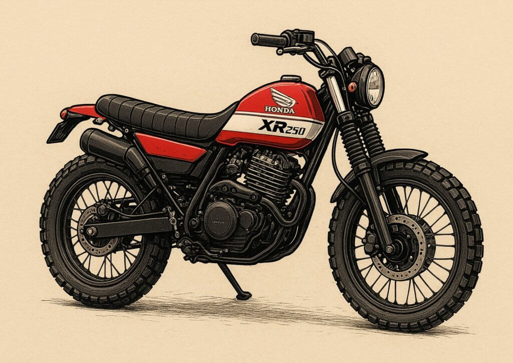Desenho esboçado que mostra uma Honda XR 250 Tornado kustomizada. Demonstrando como iremos deixar essa moto em nosso primeiro projeto sob o guarda-chuvas da Flying Carbs. Motorcycles. Basicamente uma Tracker Old School comas cores preto, branco e vermelho. Lembrando as primeiras Hondas vindas para o Brasil.
